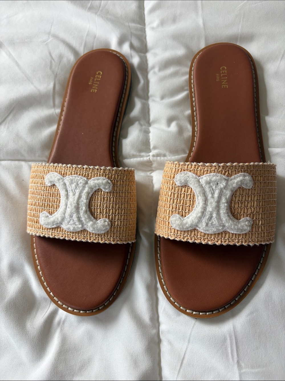 Celine Tan Raffia Slide Sandals with White Logo Appliqué